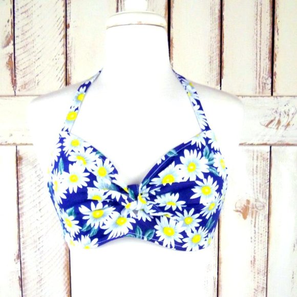 Vintage Tops - Vintage blue floral daisy cotton denim halter top